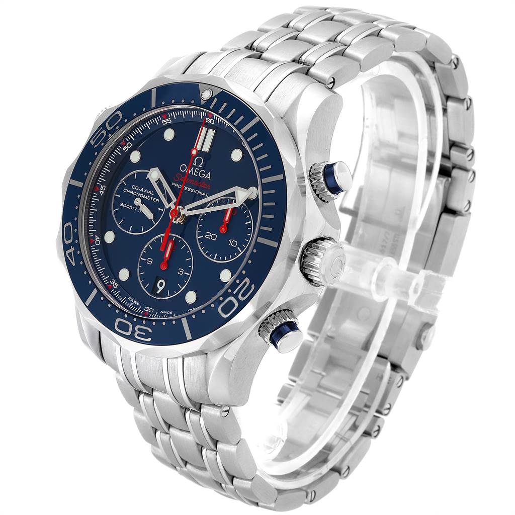 The Omega Seamaster 212.30.44.50.03.001 Men
s Stainless Steel Blue Dial 212.30.44.50.03.001 Men
s Stainless Steel Blue Dial watch is shown at a three-quarters angle, displaying the face, bezel, crown, and bracelet.