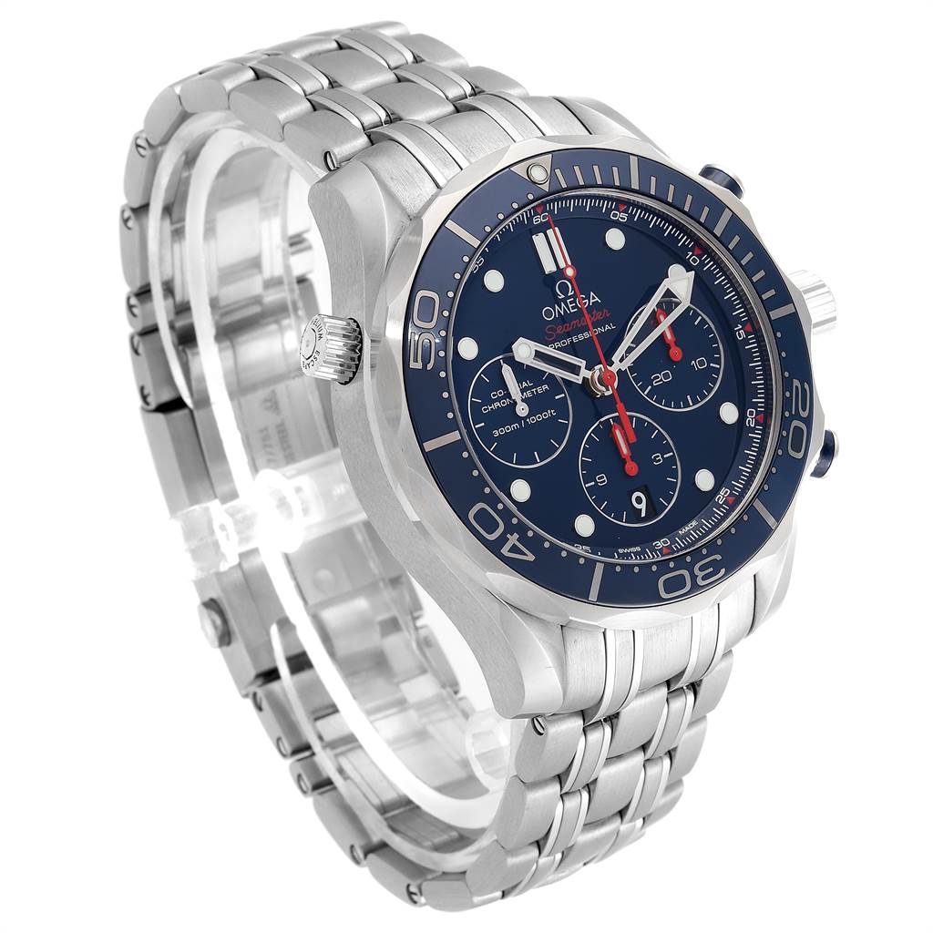 The Omega Seamaster 212.30.44.50.03.001 Men
s Stainless Steel Blue Dial 212.30.44.50.03.001 Men
s Stainless Steel Blue Dial watch is displayed at a slightly angled side view, showcasing the dial, bezel, crown, and bracelet.