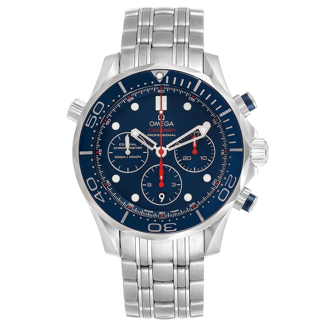 The Omega Seamaster 212.30.44.50.03.001 Men
s Stainless Steel Blue Dial 212.30.44.50.03.001 Men
s Stainless Steel Blue Dial watch is shown from a front angle, displaying the full face, bezel, and bracelet.