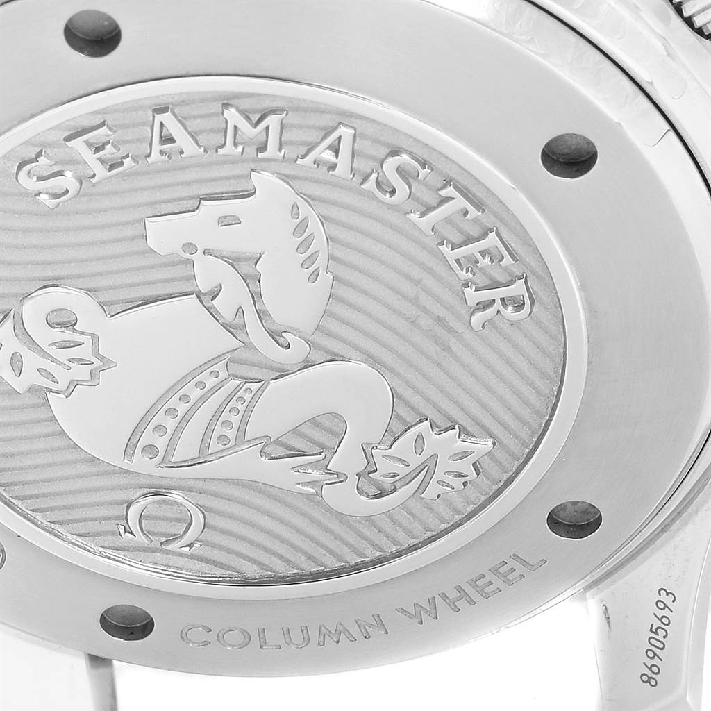 This image shows a close-up of the case back of the Omega Seamaster 212.30.44.50.03.001 Men
s Stainless Steel Blue Dial 212.30.44.50.03.001 Men
s Stainless Steel Blue Dial watch, displaying its engraved logo and text.