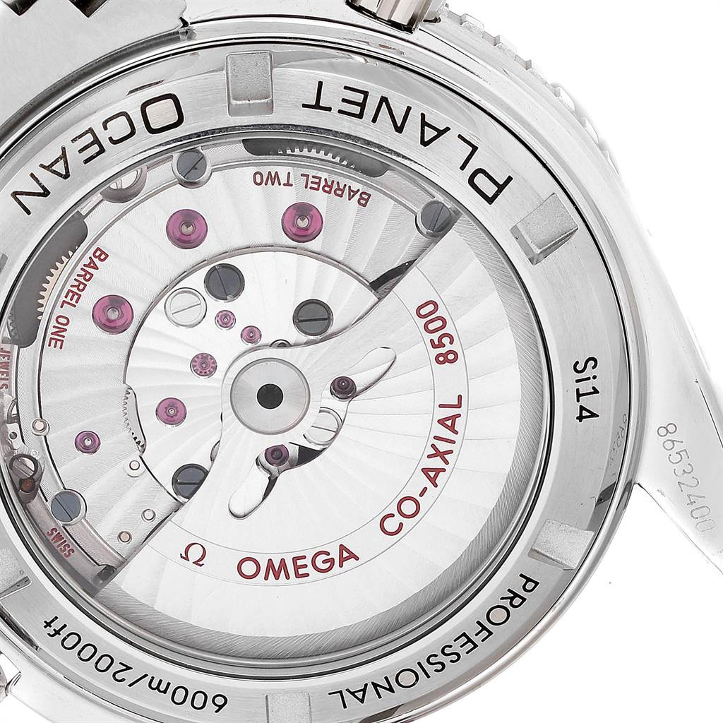 Close-up view of the Omega Seamaster 232.30.42.21.01.002 Men
s Stainless Steel Black Dial 232.30.42.21.01.002 Men
s Stainless Steel Black Dial model
s back, showcasing the intricate movement and engravings.