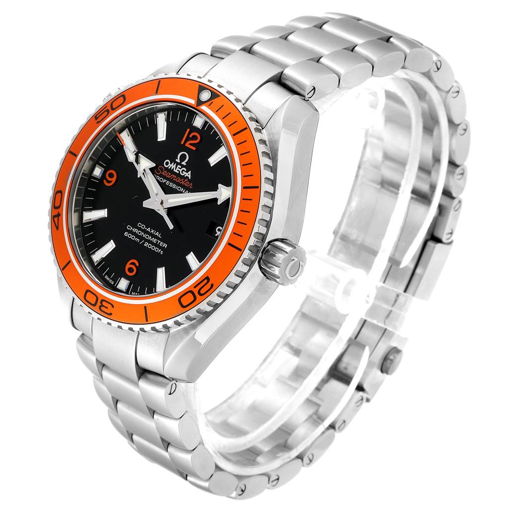 The image shows an Omega Seamaster 232.30.42.21.01.002 Men
s Stainless Steel Black Dial 232.30.42.21.01.002 Men
s Stainless Steel Black Dial watch at a slight angle, highlighting its orange bezel, black dial, and stainless steel bracelet.