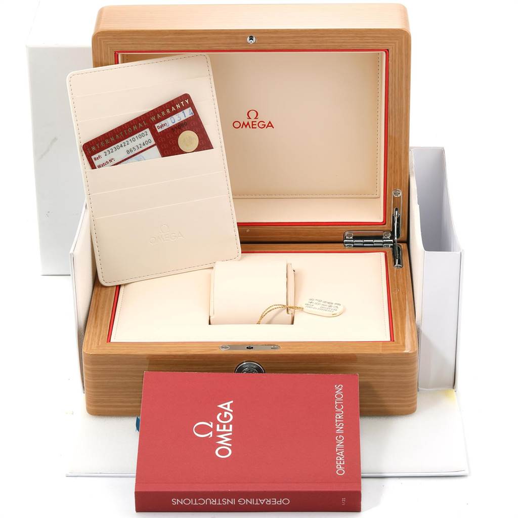 The Omega Seamaster 232.30.42.21.01.002 Men
s Stainless Steel Black Dial 232.30.42.21.01.002 Men
s Stainless Steel Black Dial watch accessories include a wooden box, warranty card, cardholder, and operating instructions manual.