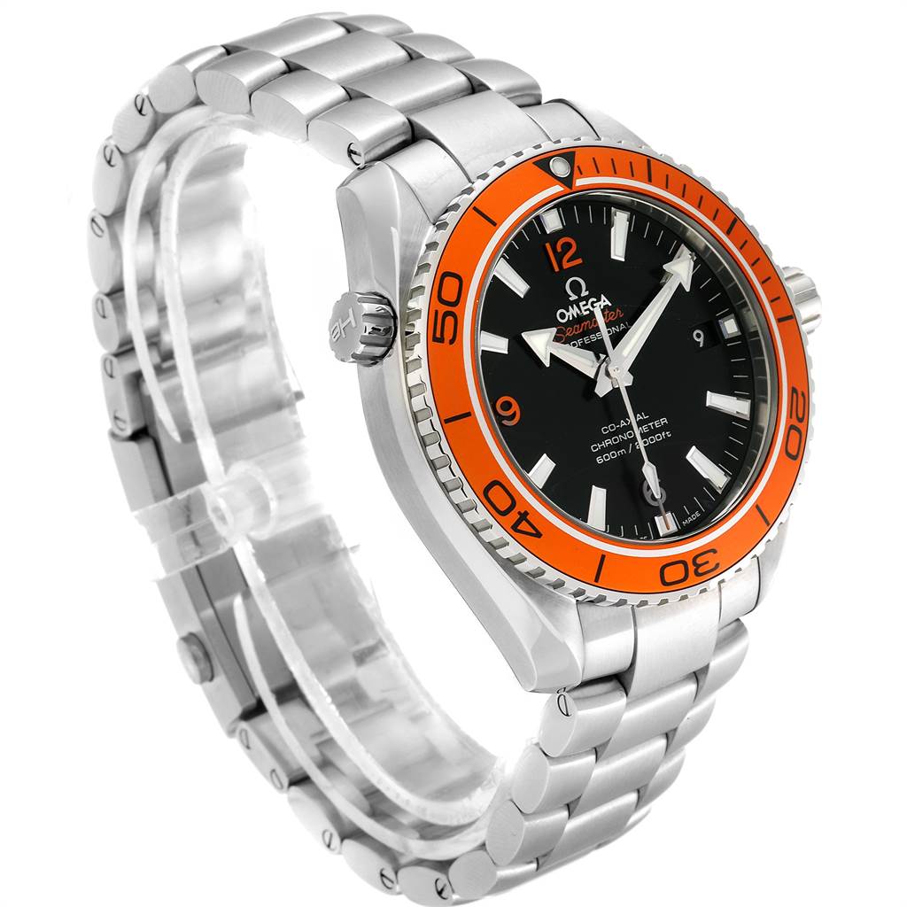 The image shows an Omega Seamaster 232.30.42.21.01.002 Men
s Stainless Steel Black Dial 232.30.42.21.01.002 Men
s Stainless Steel Black Dial watch from a left side angle, displaying its face, bezel, crown, and bracelet.