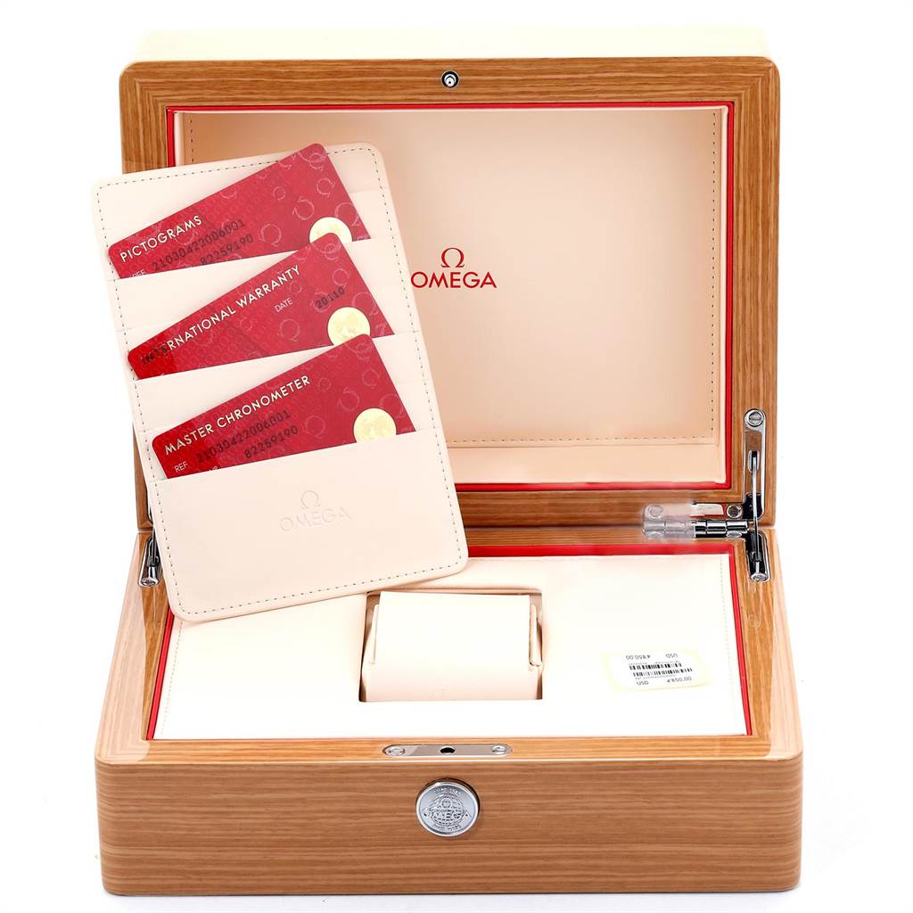 The image shows an open Omega Seamaster 210.30.42.20.06.001 Men
s Stainless Steel Grey Dial 210.30.42.20.06.001 Men
s Stainless Steel Grey Dial watch box with documents including pictograms, international warranty, and master chronometer cards placed inside.