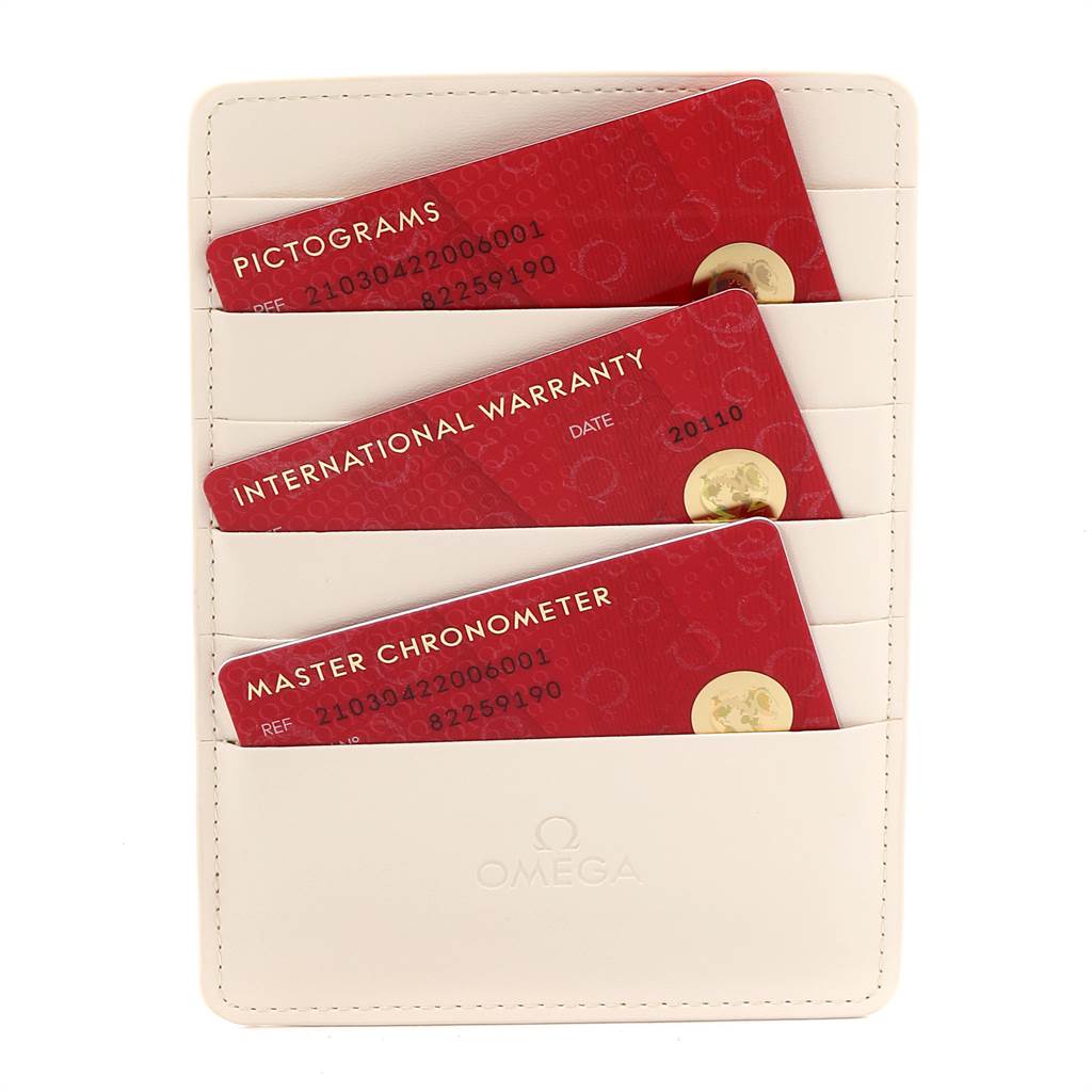 This image shows the warranty cards and pictograms for an Omega Seamaster 210.30.42.20.06.001 Men
s Stainless Steel Grey Dial 210.30.42.20.06.001 Men
s Stainless Steel Grey Dial watch, neatly placed in a cardholder.