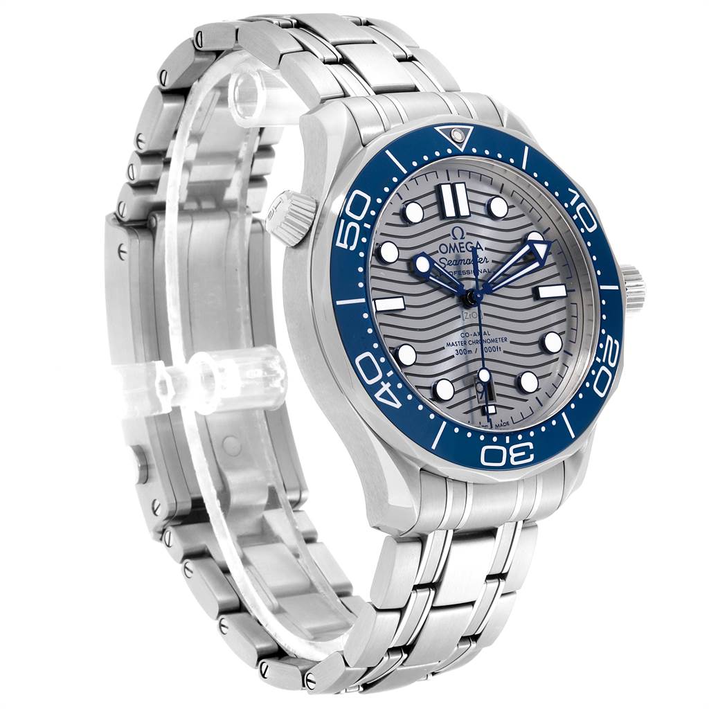 The Omega Seamaster 210.30.42.20.06.001 Men
s Stainless Steel Grey Dial 210.30.42.20.06.001 Men
s Stainless Steel Grey Dial watch is shown at a three-quarter angle, highlighting the face, bezel, and stainless steel bracelet.