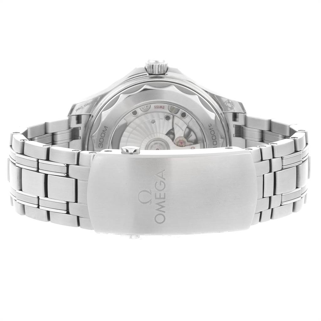 The image shows the back of the Omega Seamaster 210.30.42.20.06.001 Men
s Stainless Steel Grey Dial 210.30.42.20.06.001 Men
s Stainless Steel Grey Dial watch and its metal bracelet with the Omega logo on the clasp.