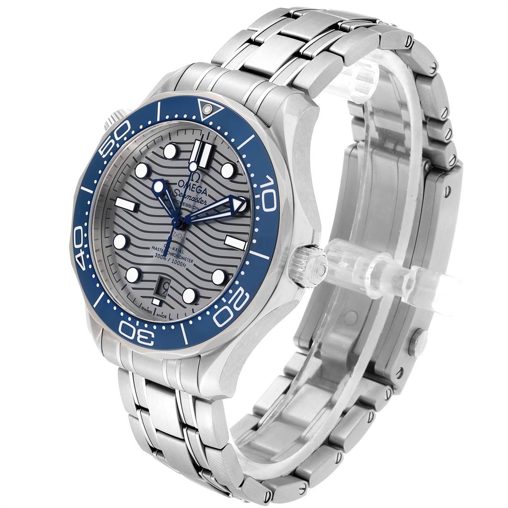 This Omega Seamaster 210.30.42.20.06.001 Men
s Stainless Steel Grey Dial 210.30.42.20.06.001 Men
s Stainless Steel Grey Dial watch is shown at a slight angle, highlighting its face, bezel, and metal bracelet.