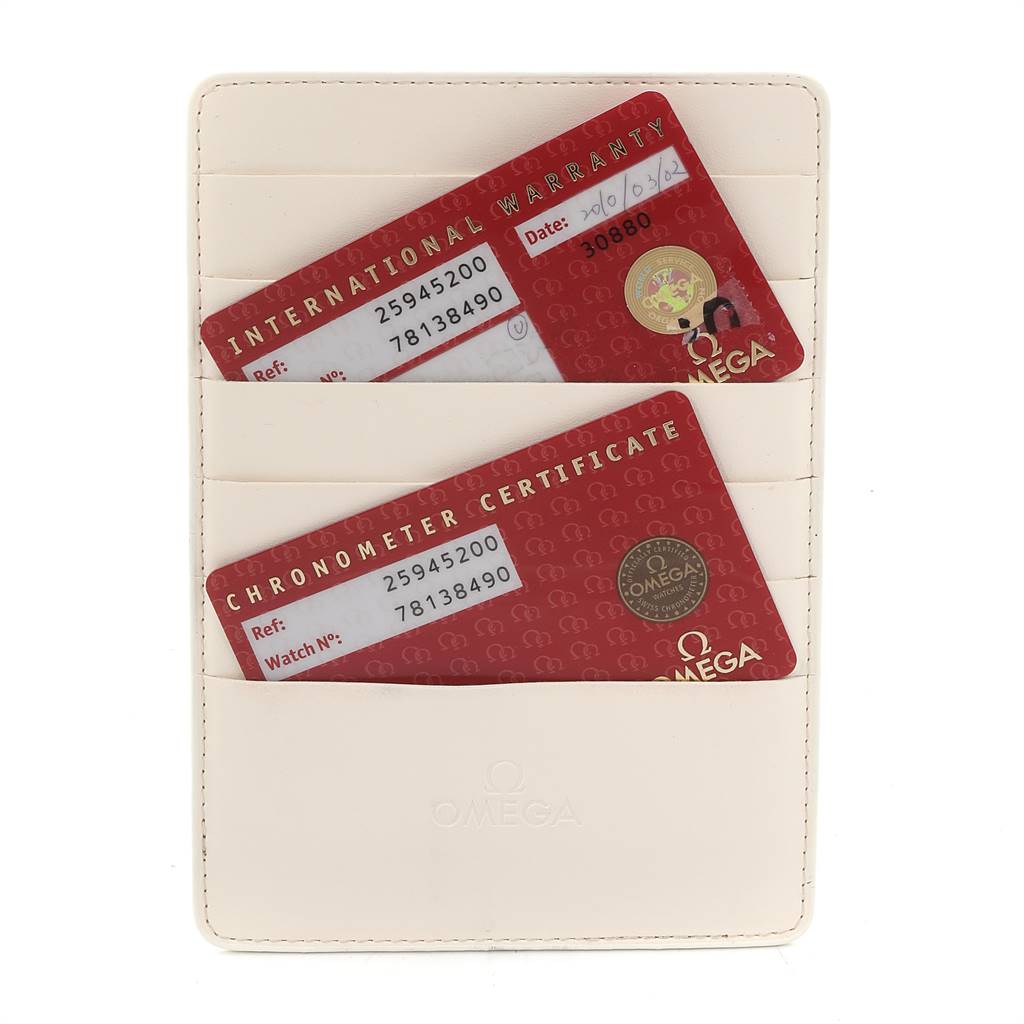 The image shows international warranty and chronometer certificate cards in a holder for an Omega Seamaster 2594.52.00 Men
s Stainless Steel Black Dial 2594.52.00 Men
s Stainless Steel Black Dial watch model.