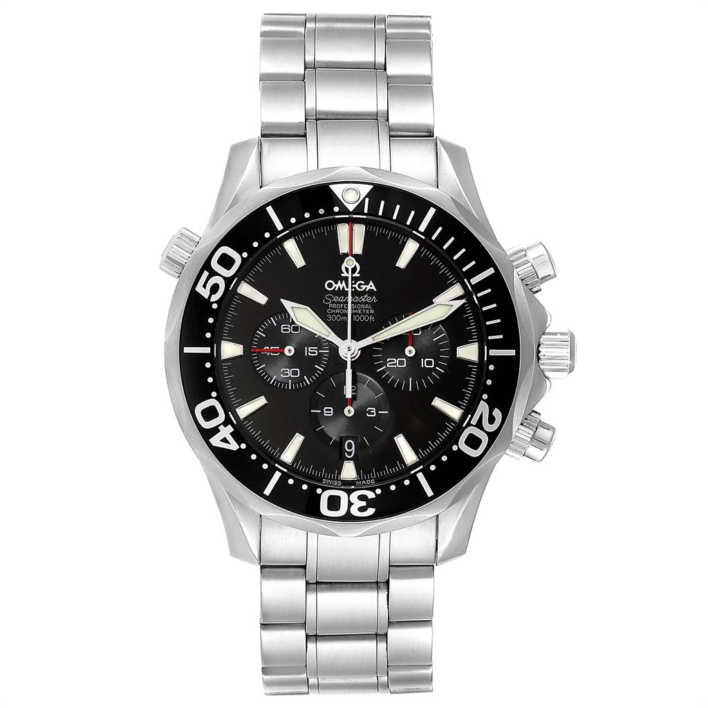 The Omega Seamaster 2594.52.00 Men
s Stainless Steel Black Dial 2594.52.00 Men
s Stainless Steel Black Dial watch is shown from a front angle, displaying the dial, bezel, and metal bracelet.