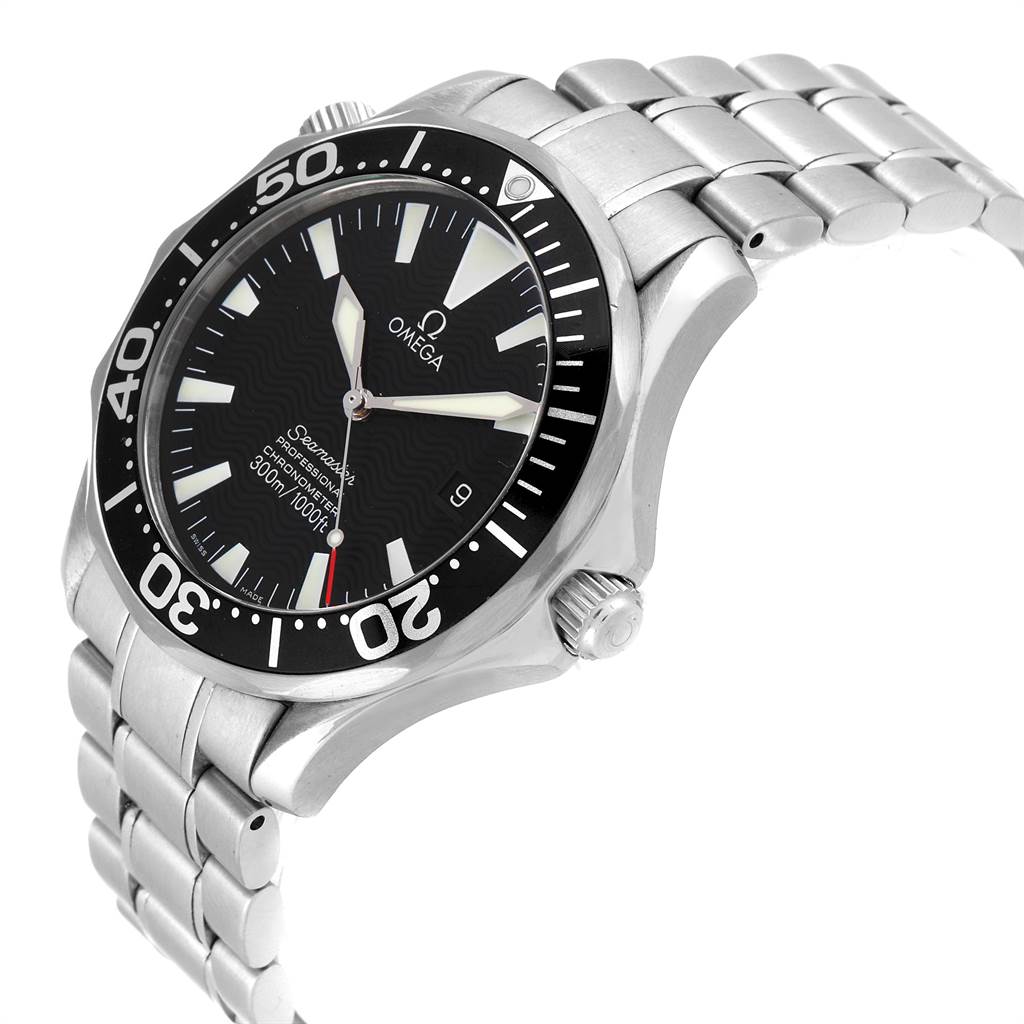 The Omega Seamaster 2254.50.00 Men
s Stainless Steel Black Dial 2254.50.00 Men
s Stainless Steel Black Dial watch is shown at a slight angle, displaying the face, bezel, case, and part of the bracelet.