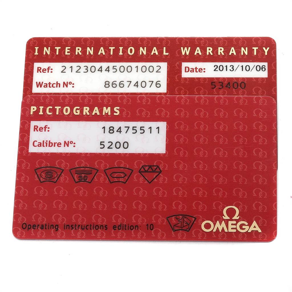 The image shows the warranty and pictograms cards for the Omega Seamaster 212.30.44.50.01.002 Men
s Stainless Steel Black Dial 212.30.44.50.01.002 Men
s Stainless Steel Black Dial watch, including reference and caliber numbers.
