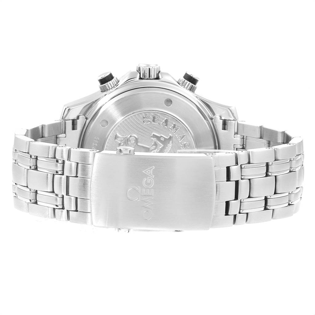 The image shows the back view of an Omega Seamaster 212.30.44.50.01.002 Men
s Stainless Steel Black Dial 212.30.44.50.01.002 Men
s Stainless Steel Black Dial watch, highlighting the clasp and part of the stainless steel bracelet.