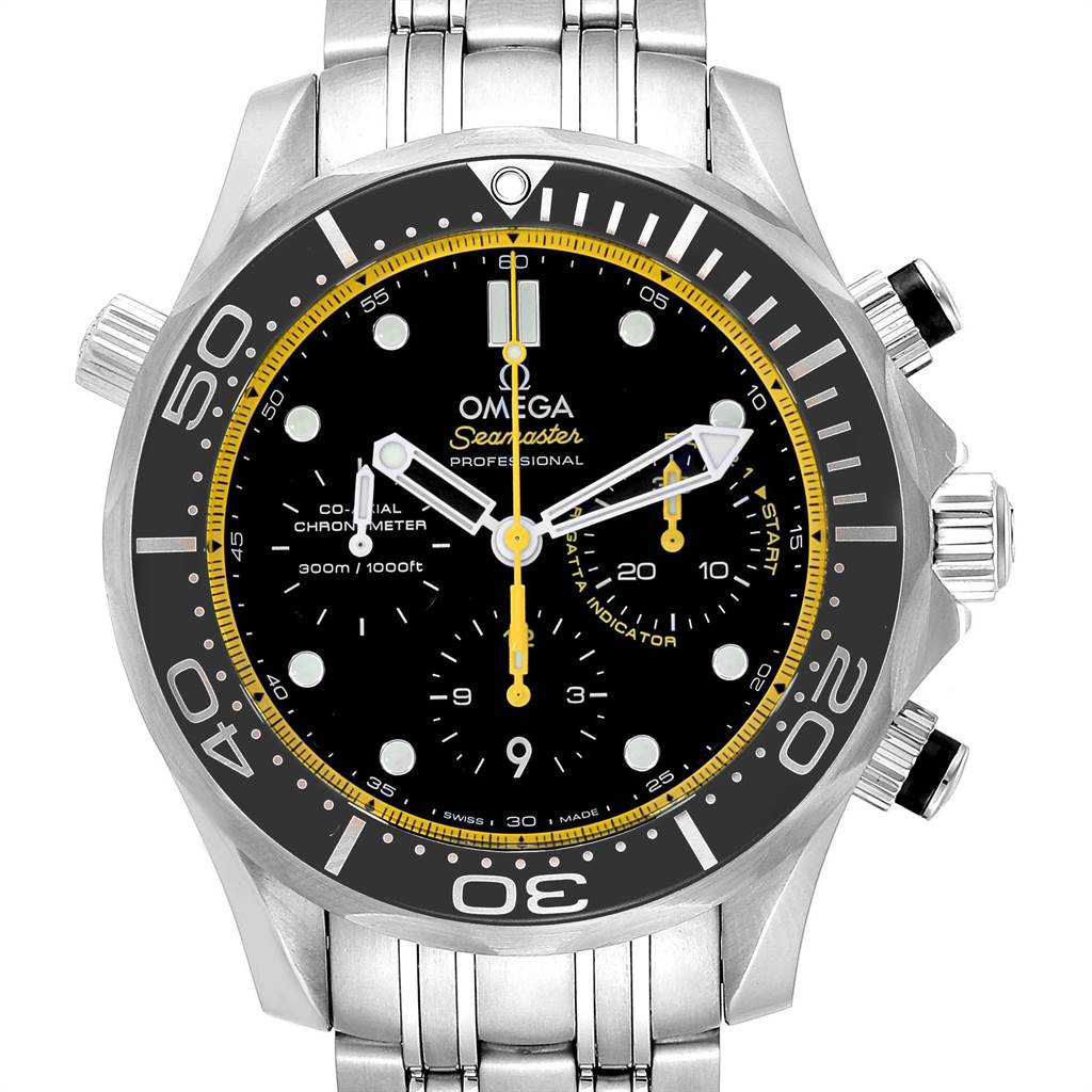 The image shows a frontal view of the Omega Seamaster 212.30.44.50.01.002 Men
s Stainless Steel Black Dial 212.30.44.50.01.002 Men
s Stainless Steel Black Dial watch, highlighting the dial, bezel, crown, and chronograph pushers.