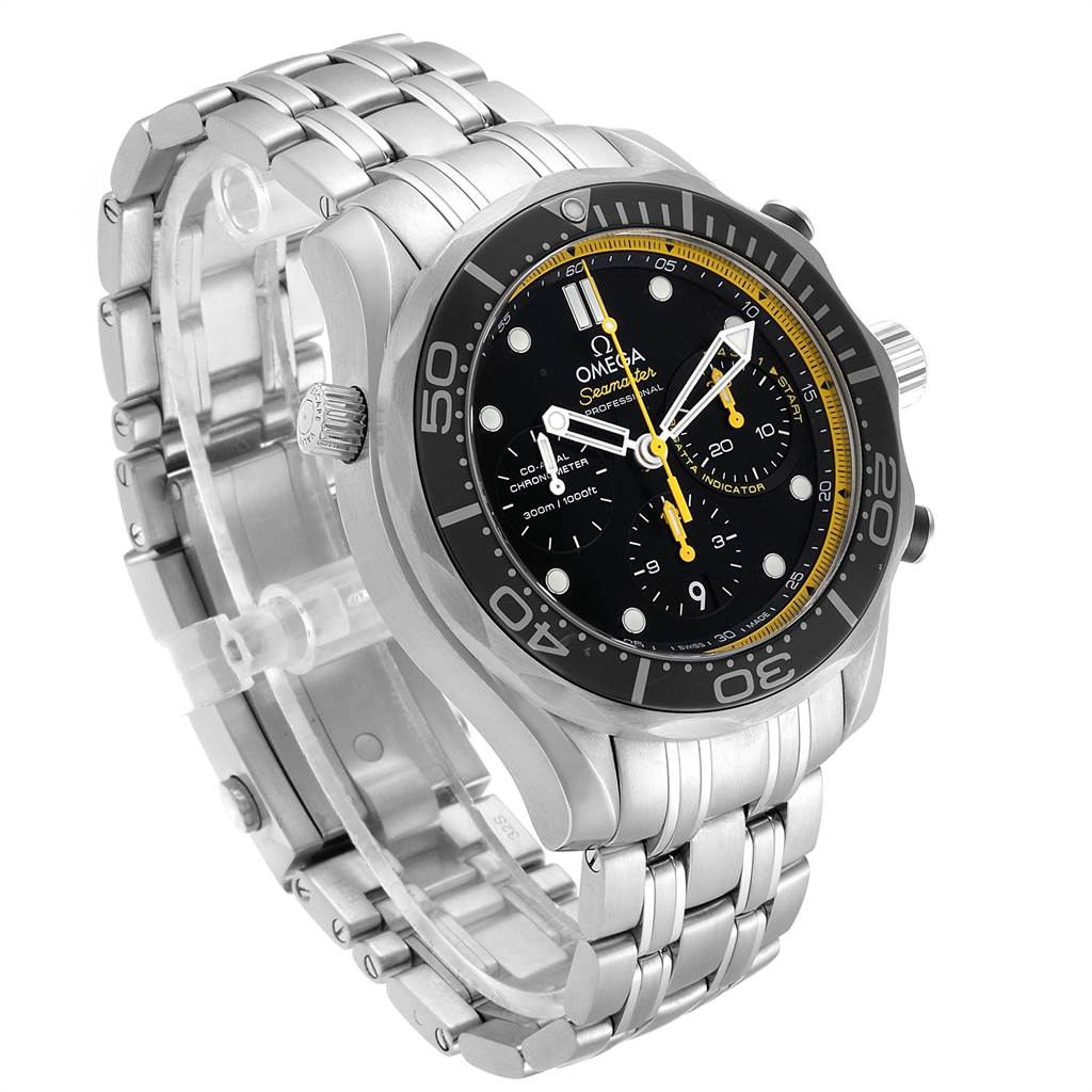 This is a side-angle view of an Omega Seamaster 212.30.44.50.01.002 Men
s Stainless Steel Black Dial 212.30.44.50.01.002 Men
s Stainless Steel Black Dial watch, highlighting the bracelet, bezel, and dial.