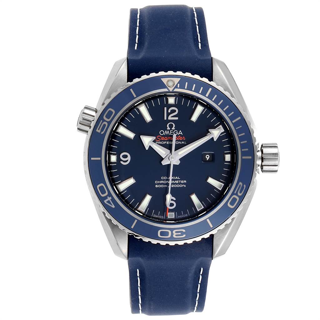 The image shows a front view of the Omega Seamaster 232.92.38.20.03.001 Titanium Blue Dial 232.92.38.20.03.001 Titanium Blue Dial watch, displaying the face, bezel, crown, and strap.