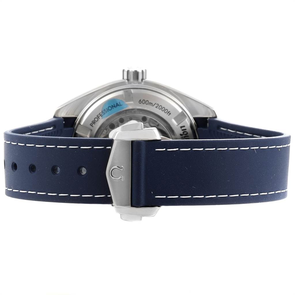 The image shows the back view of an Omega Seamaster 232.92.38.20.03.001 Titanium Blue Dial 232.92.38.20.03.001 Titanium Blue Dial watch, highlighting its blue strap and stainless steel clasp.