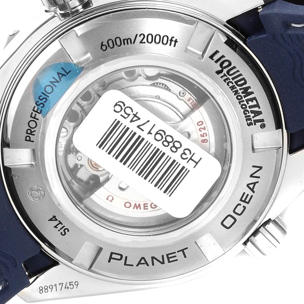The image shows the backside of an Omega Seamaster 232.92.38.20.03.001 Titanium Blue Dial 232.92.38.20.03.001 Titanium Blue Dial Planet Ocean watch, highlighting its Liquidmetal technology and water resistance.