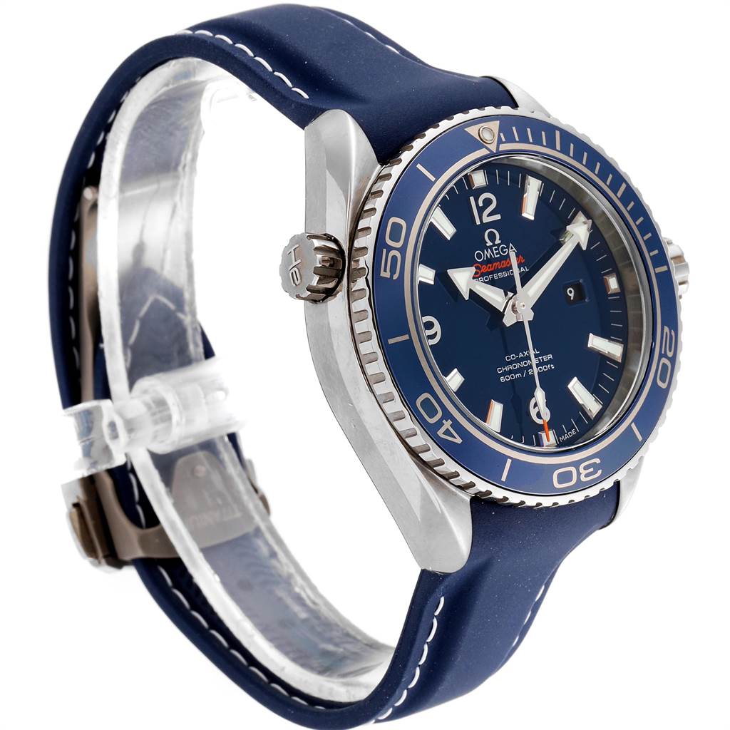 The Omega Seamaster 232.92.38.20.03.001 Titanium Blue Dial 232.92.38.20.03.001 Titanium Blue Dial watch is shown at a three-quarter angle, highlighting its bezel, crown, and blue strap.