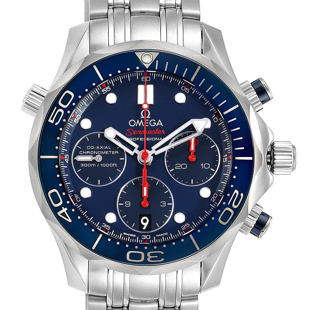 The image shows a front view of an Omega Seamaster 212.30.42.50.03.001 Men
s Stainless Steel Blue Dial 212.30.42.50.03.001 Men
s Stainless Steel Blue Dial watch, highlighting its dial, bezel, and metallic strap.