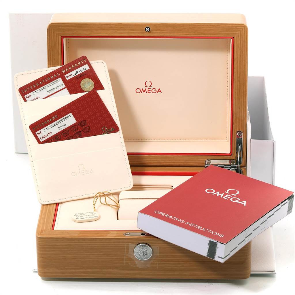 The image shows packaging, warranty cards, and an instruction manual for an Omega Seamaster 212.30.42.50.03.001 Men
s Stainless Steel Blue Dial 212.30.42.50.03.001 Men
s Stainless Steel Blue Dial watch.