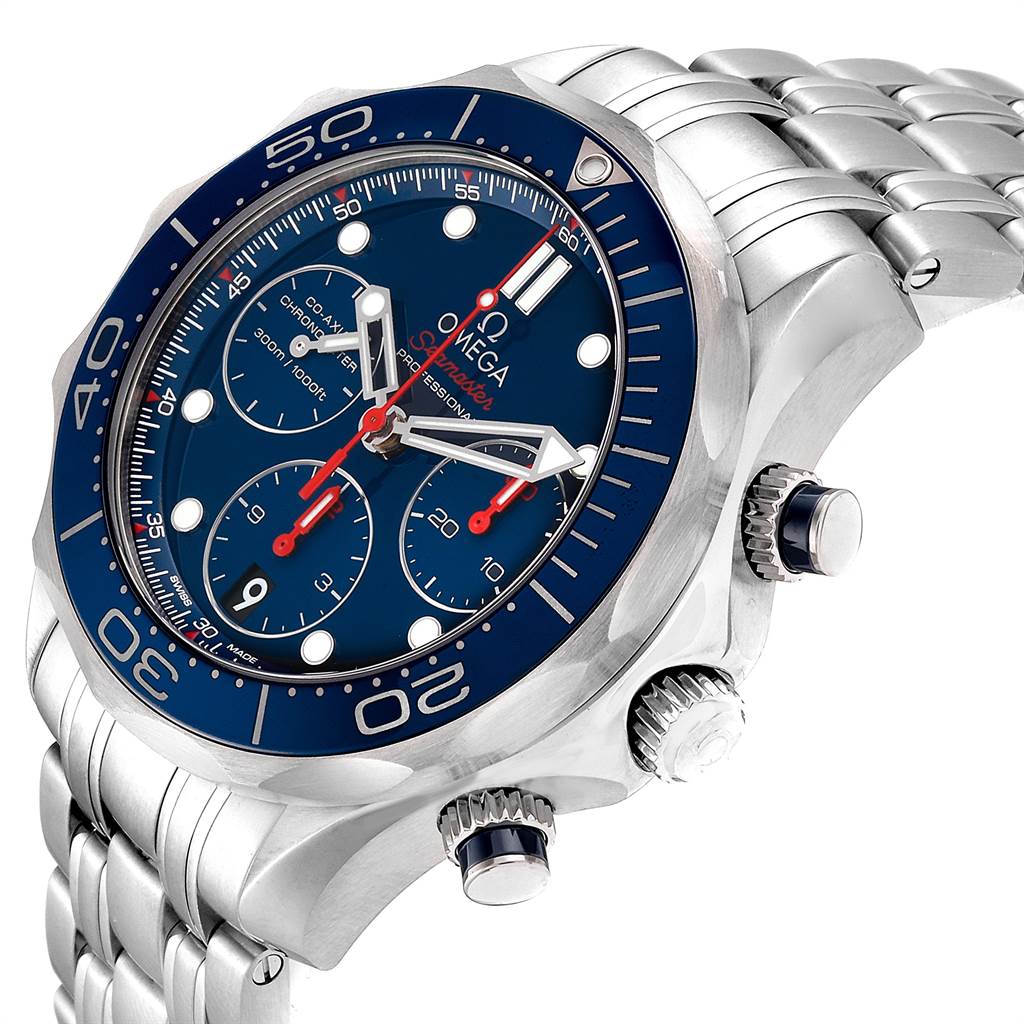 This image shows an angled view of the Omega Seamaster 212.30.42.50.03.001 Men
s Stainless Steel Blue Dial 212.30.42.50.03.001 Men
s Stainless Steel Blue Dial watch, highlighting its face and side buttons.