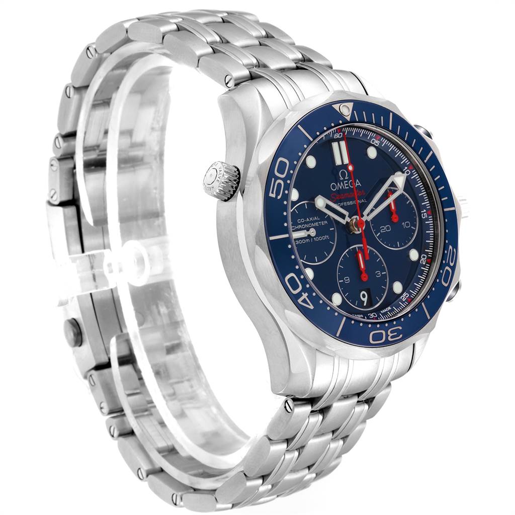 This is a side and partial front view of the Omega Seamaster 212.30.42.50.03.001 Men
s Stainless Steel Blue Dial 212.30.42.50.03.001 Men
s Stainless Steel Blue Dial watch, showcasing its blue dial, bezel, and stainless steel bracelet.