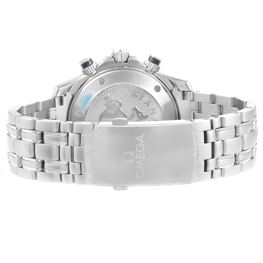 The image shows the back view of the Omega Seamaster 212.30.42.50.03.001 Men
s Stainless Steel Blue Dial 212.30.42.50.03.001 Men
s Stainless Steel Blue Dial watch, highlighting its caseback and stainless steel bracelet.