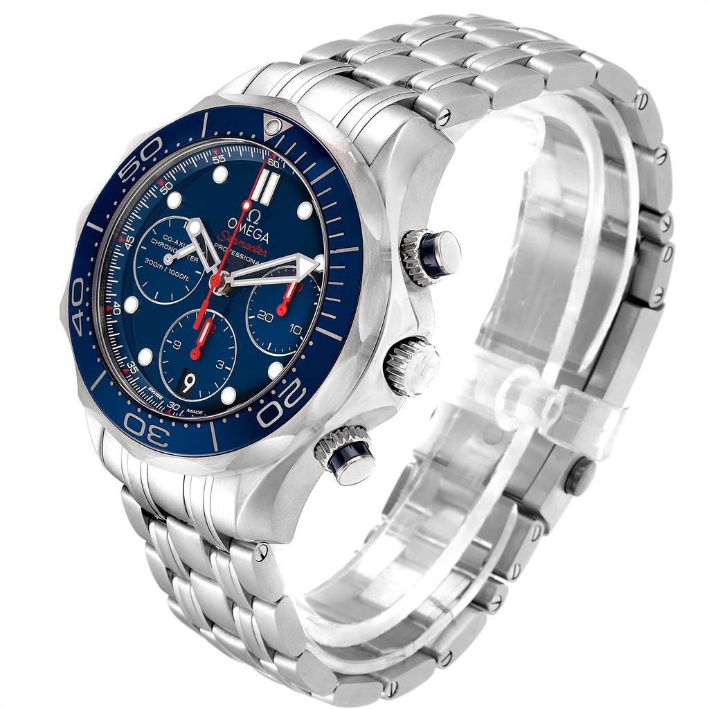 The image shows a side-angle view of the Omega Seamaster 212.30.42.50.03.001 Men
s Stainless Steel Blue Dial 212.30.42.50.03.001 Men
s Stainless Steel Blue Dial watch, highlighting its blue dial, bezel, and metallic bracelet.