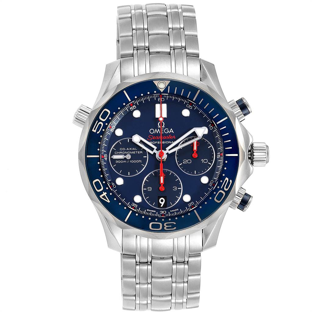 The Omega Seamaster 212.30.42.50.03.001 Men
s Stainless Steel Blue Dial 212.30.42.50.03.001 Men
s Stainless Steel Blue Dial watch is shown from the front view, displaying the full face, bezel, and bracelet.