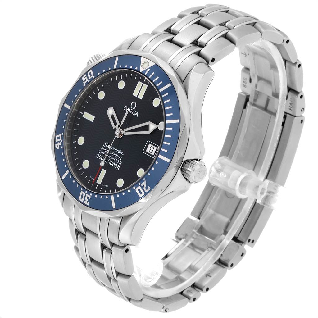 The Omega Seamaster 2531.80.00 Men
s Stainless Steel Blue Dial 2531.80.00 Men
s Stainless Steel Blue Dial watch is shown at a front-left angle, displaying its dial, bezel, crown, and stainless steel bracelet.