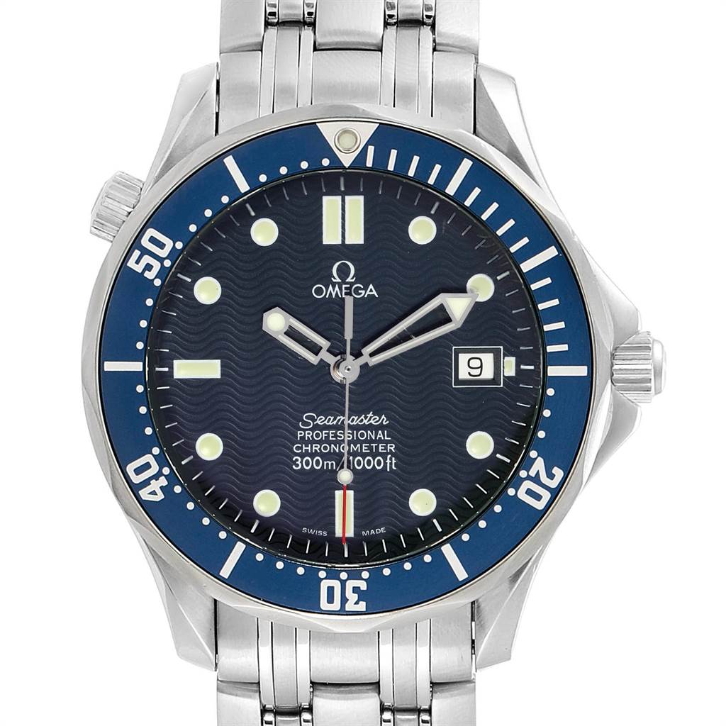 The Omega Seamaster 2531.80.00 Men
s Stainless Steel Blue Dial 2531.80.00 Men
s Stainless Steel Blue Dial watch is shown from a front angle, displaying the watch face, bezel, crown, and part of the bracelet.