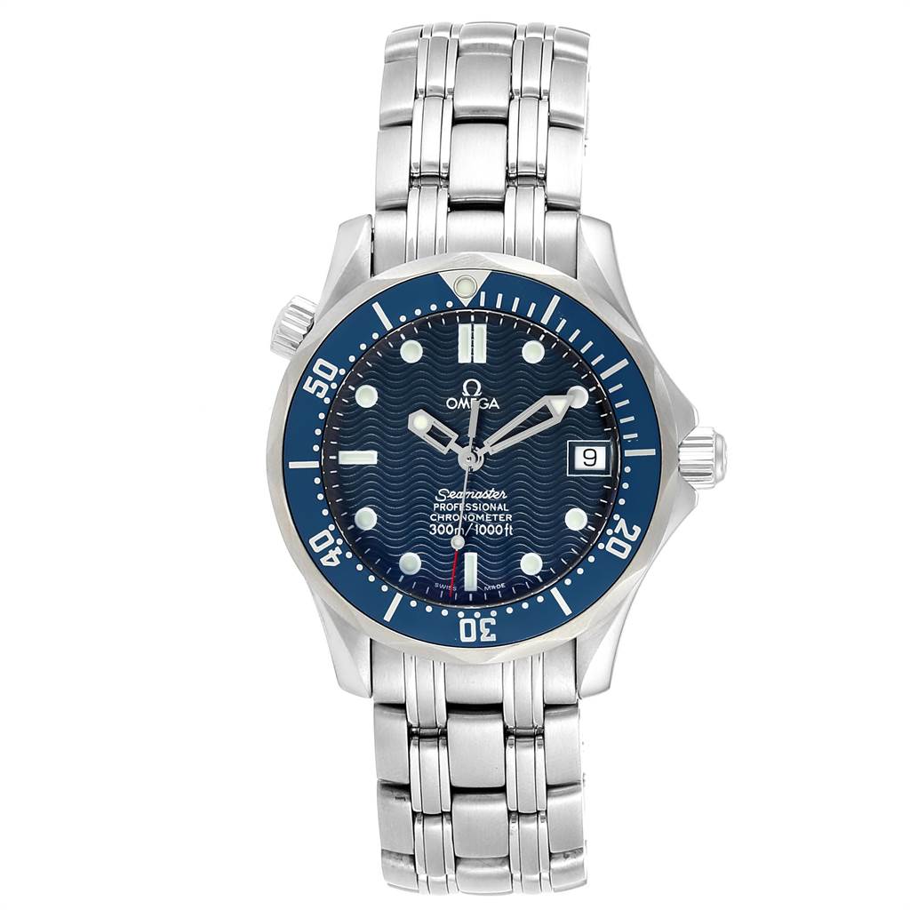 The Omega Seamaster 2551.80.00 Men
s Stainless Steel Blue Dial 2551.80.00 Men
s Stainless Steel Blue Dial watch is shown from a frontal angle, displaying its blue dial, bezel, and silver metal bracelet.