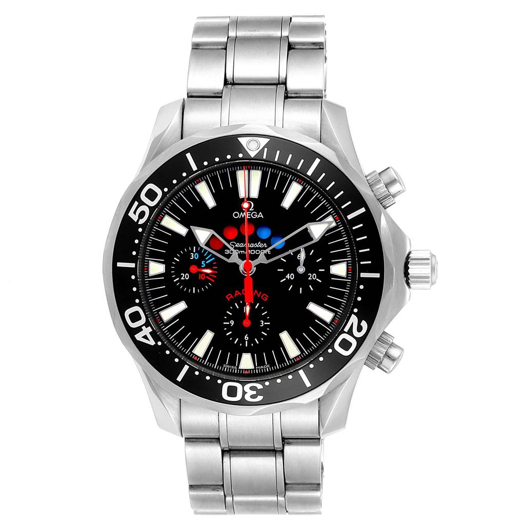The Omega Seamaster 2569.50.00 Men
s Stainless Steel Black Dial 2569.50.00 Men
s Stainless Steel Black Dial watch is shown from a front angle, displaying its face, bezel, and stainless steel bracelet.