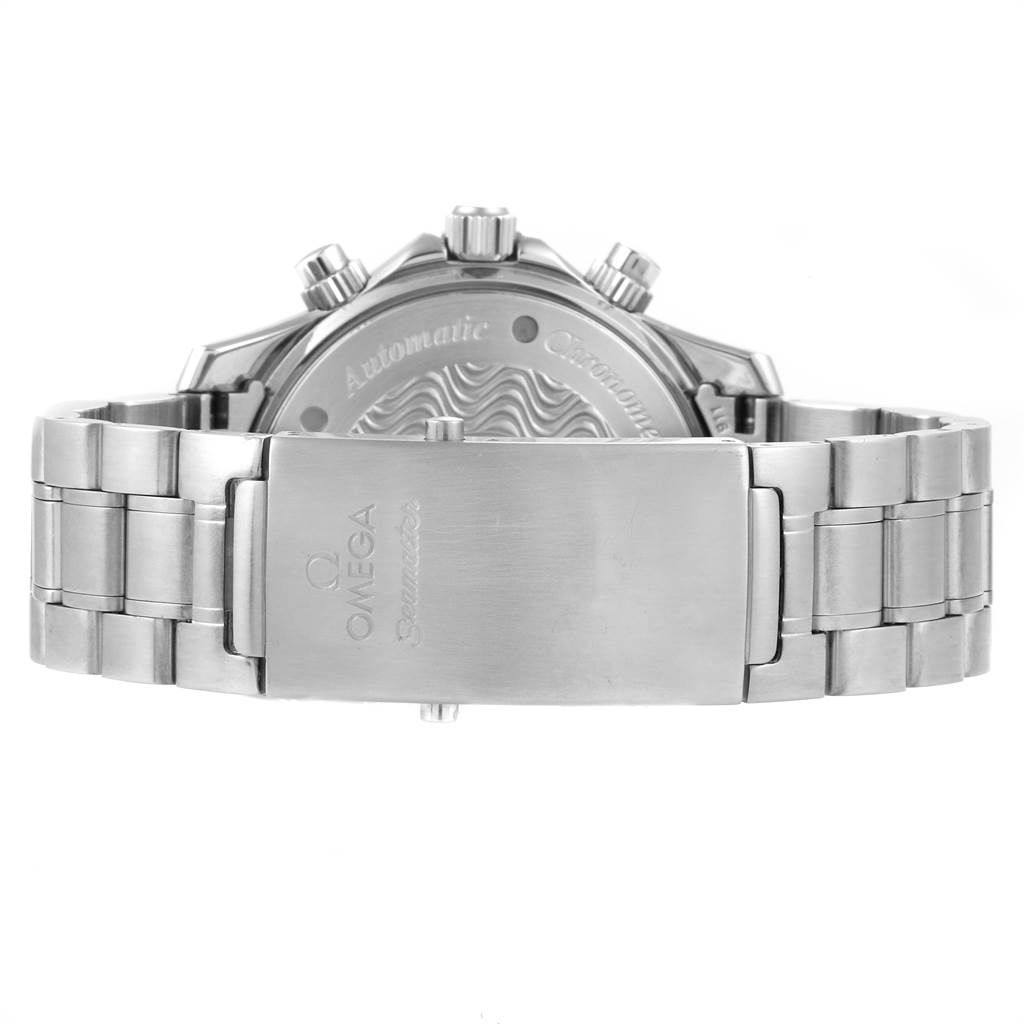 The image shows the back view of the Omega Seamaster 2569.50.00 Men
s Stainless Steel Black Dial 2569.50.00 Men
s Stainless Steel Black Dial watch, focusing on the clasp and stainless steel bracelet.