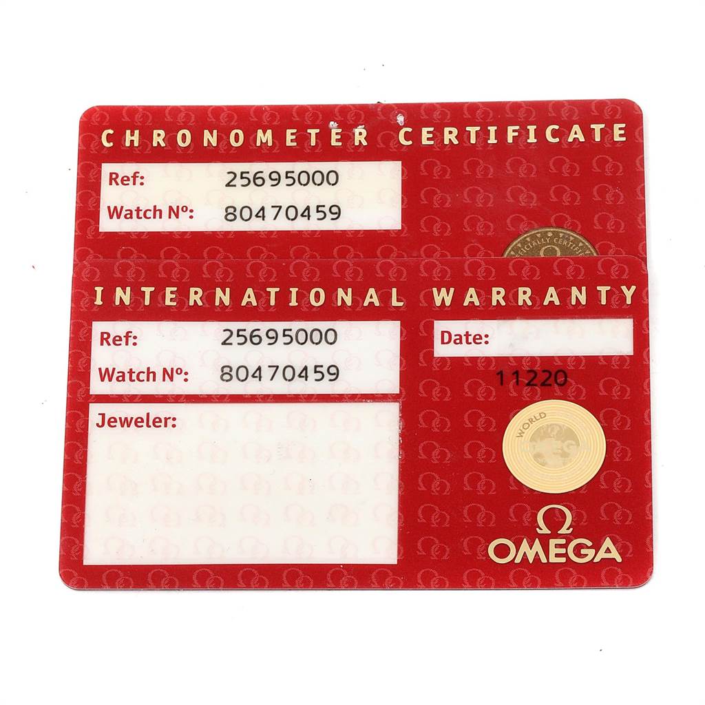 The image shows the International Warranty and Chronometer Certificate cards for an Omega Seamaster 2569.50.00 Men
s Stainless Steel Black Dial 2569.50.00 Men
s Stainless Steel Black Dial watch.