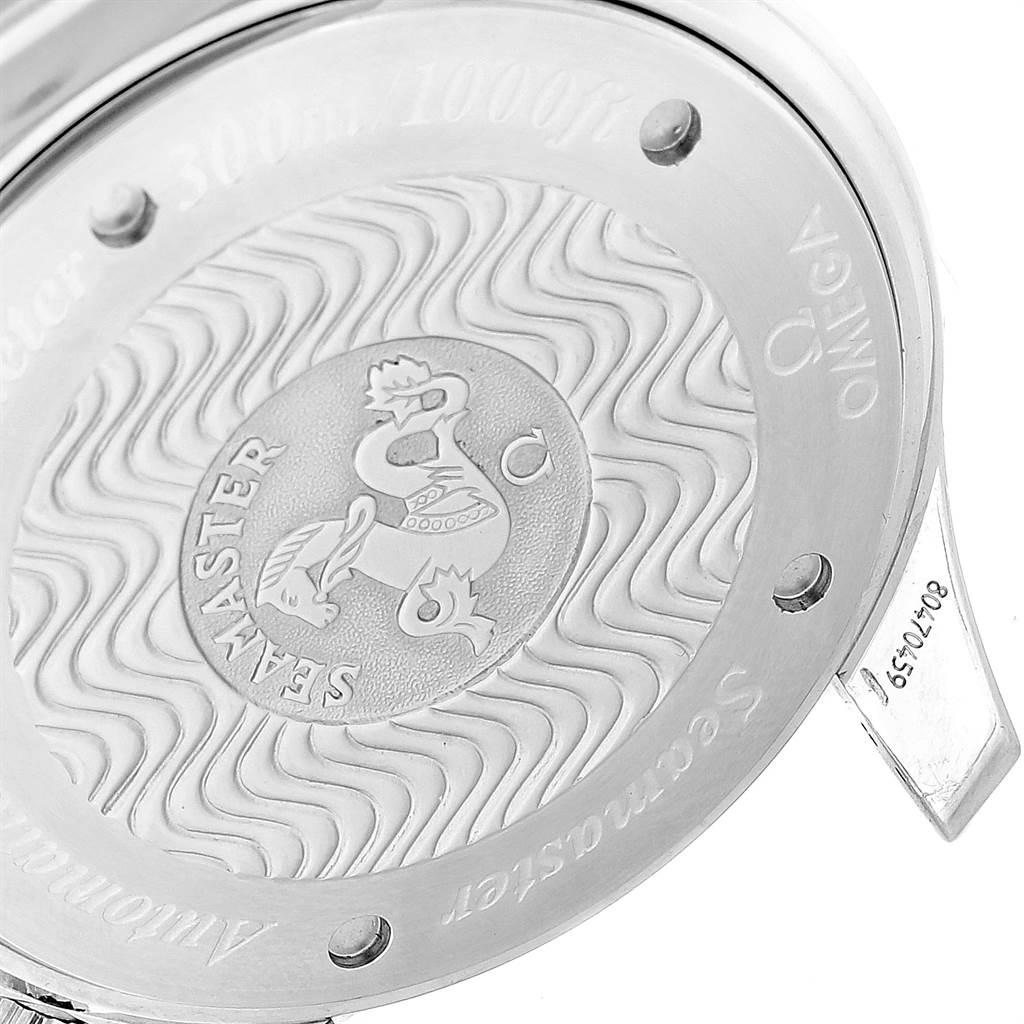 The image shows the engraved case back of an Omega Seamaster 2569.50.00 Men
s Stainless Steel Black Dial 2569.50.00 Men
s Stainless Steel Black Dial watch from a top-down angle.