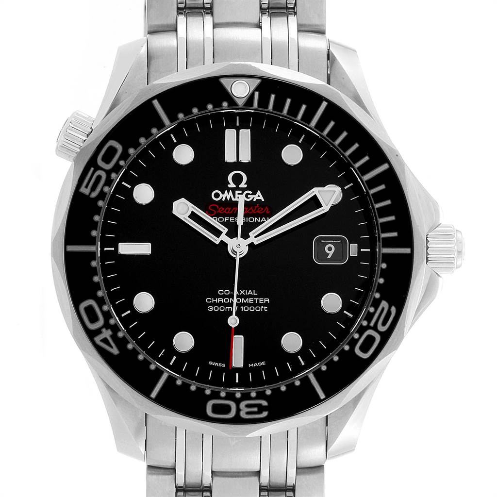 The image shows a front view of an Omega Seamaster 212.30.41.20.01.003 Men
s Stainless Steel Black Dial 212.30.41.20.01.003 Men
s Stainless Steel Black Dial watch, displaying the dial, bezel, bracelet, and crown.