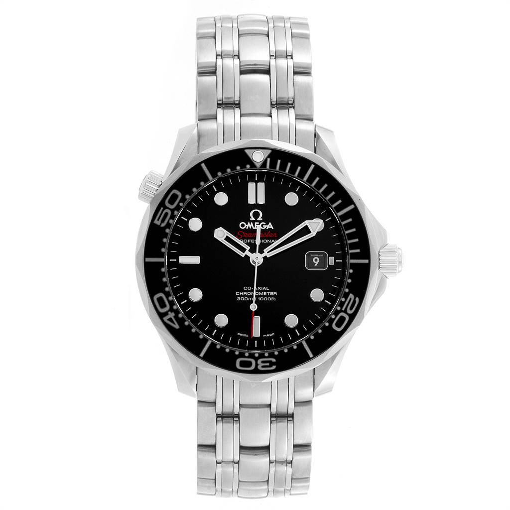 The Omega Seamaster 212.30.41.20.01.003 Men
s Stainless Steel Black Dial 212.30.41.20.01.003 Men
s Stainless Steel Black Dial watch is shown from the front, highlighting the face, bezel, and stainless steel bracelet.
