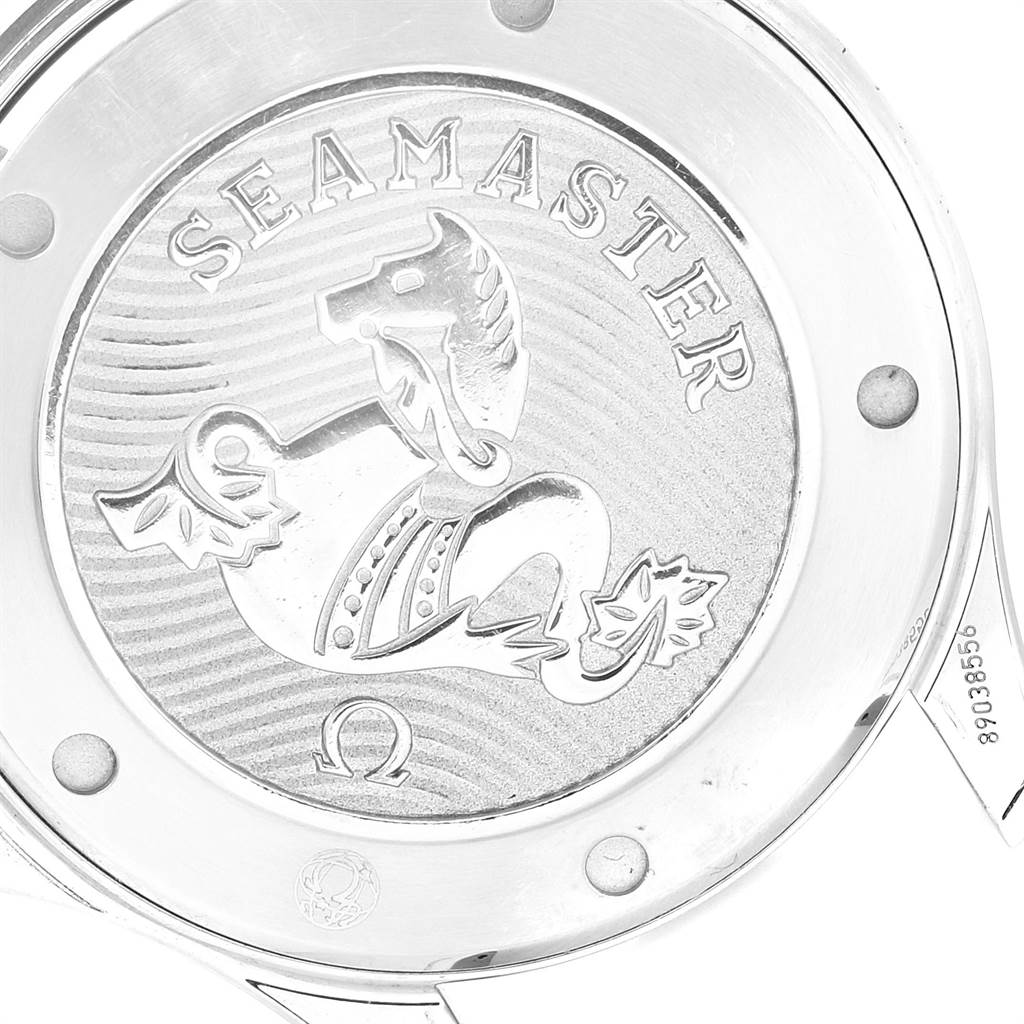 The image shows the back case of an Omega Seamaster 212.30.41.20.01.003 Men
s Stainless Steel Black Dial 212.30.41.20.01.003 Men
s Stainless Steel Black Dial watch, displaying the engraved Seamaster logo and design.