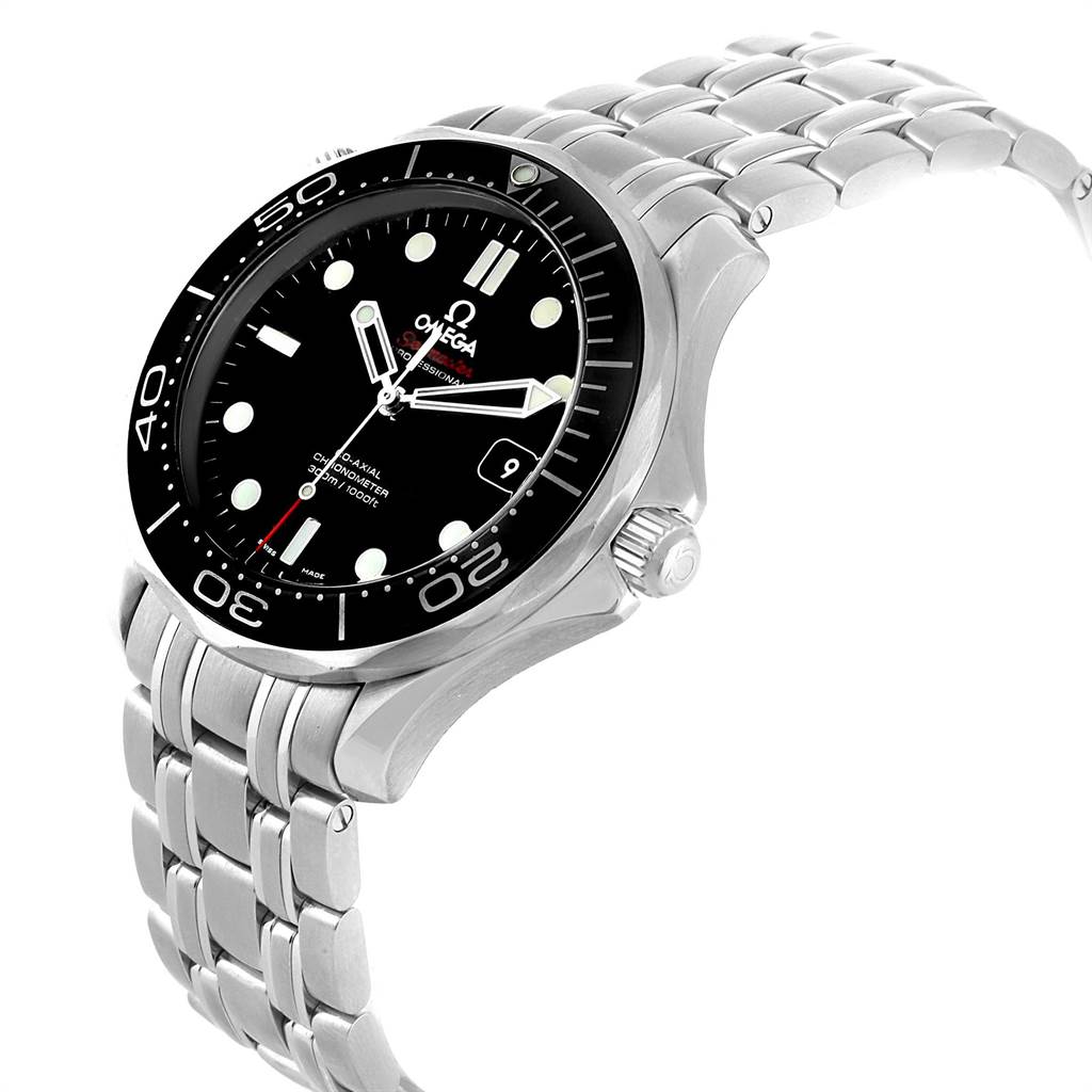 The image shows an Omega Seamaster 212.30.41.20.01.003 Men
s Stainless Steel Black Dial 212.30.41.20.01.003 Men
s Stainless Steel Black Dial watch at a 3/4 angle, highlighting the face, bezel, case, and partial bracelet.