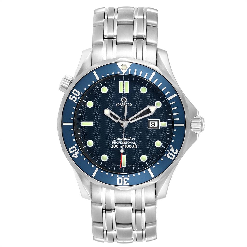 The Omega Seamaster 2541.80.00 Men
s Stainless Steel Blue Dial 2541.80.00 Men
s Stainless Steel Blue Dial watch is shown from the front, displaying the dial, hands, date window, and metal bracelet.
