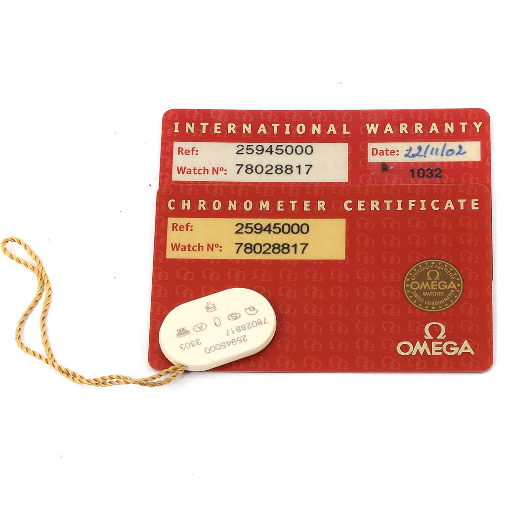 The image displays an Omega Seamaster 2594.50.00 Men
s Stainless Steel Black Dial 2594.50.00 Men
s Stainless Steel Black Dial model
s warranty and chronometer certificate cards along with its tag.