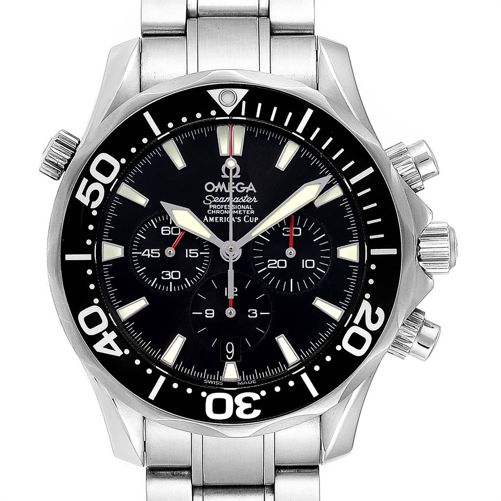 The image shows a front view of an Omega Seamaster 2594.50.00 Men
s Stainless Steel Black Dial 2594.50.00 Men
s Stainless Steel Black Dial watch, displaying its bezel, face, chronograph subdials, and stainless steel band.