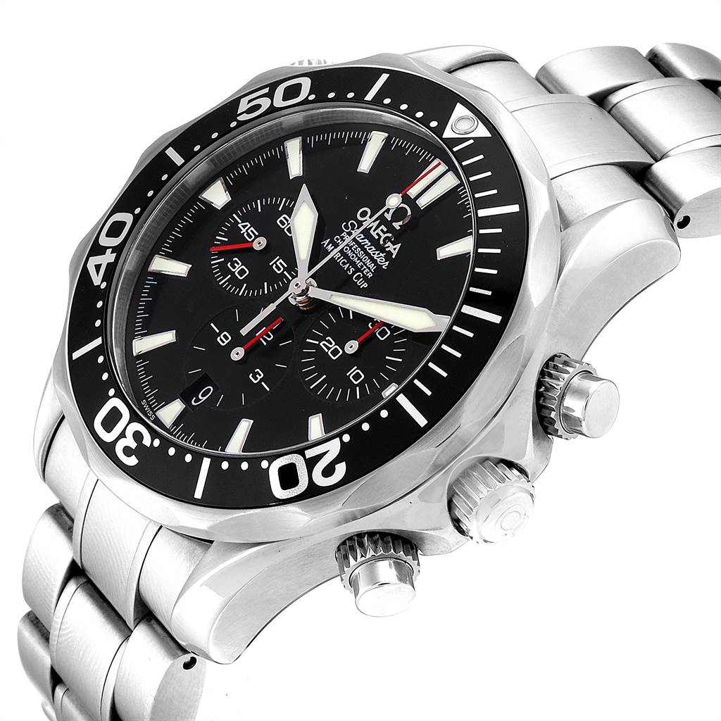 The Omega Seamaster 2594.50.00 Men
s Stainless Steel Black Dial 2594.50.00 Men
s Stainless Steel Black Dial watch is shown from an angled top view, highlighting the dial, bezel, and crown with pushers.