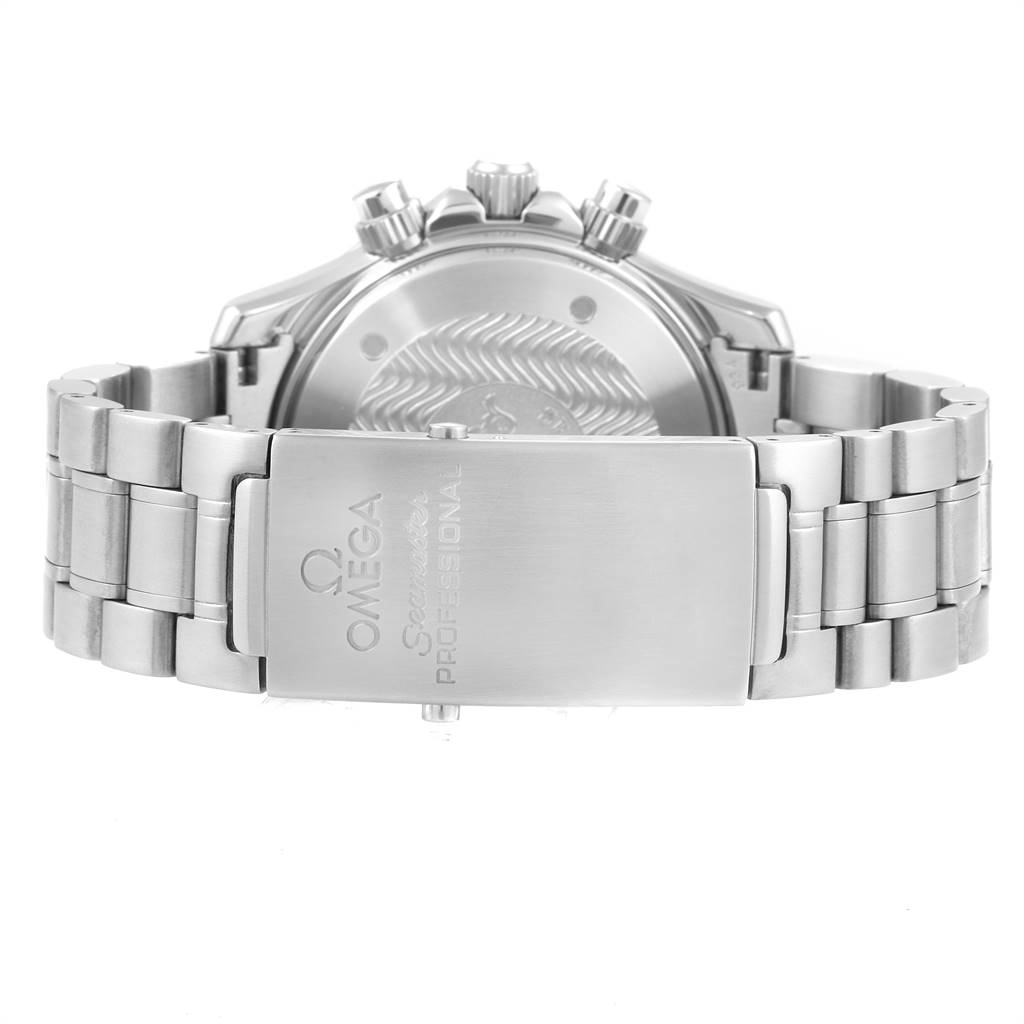 The image shows the backside and clasp of an Omega Seamaster 2594.50.00 Men
s Stainless Steel Black Dial 2594.50.00 Men
s Stainless Steel Black Dial watch, highlighting the clasp engraving and part of the bracelet.