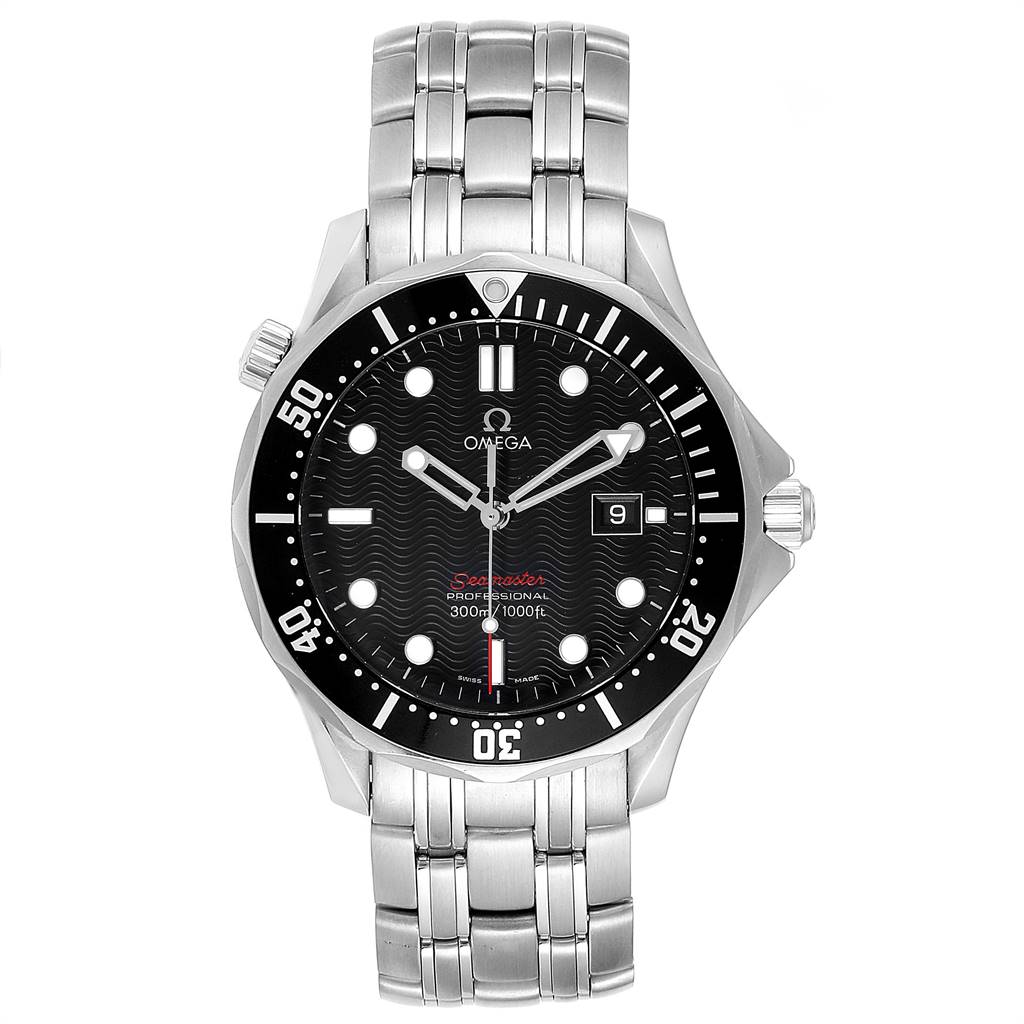 The image shows a front view of the Omega Seamaster 212.30.41.61.01.001 Men
s Stainless Steel Black Dial 212.30.41.61.01.001 Men
s Stainless Steel Black Dial watch, displaying the dial, bezel, hands, date window, and stainless steel bracelet.