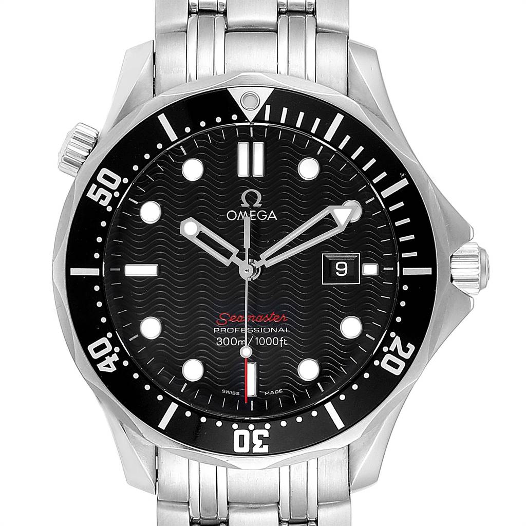 The image shows a front view of the Omega Seamaster 212.30.41.61.01.001 Men
s Stainless Steel Black Dial 212.30.41.61.01.001 Men
s Stainless Steel Black Dial watch with a black dial and date window at 3 o
clock.