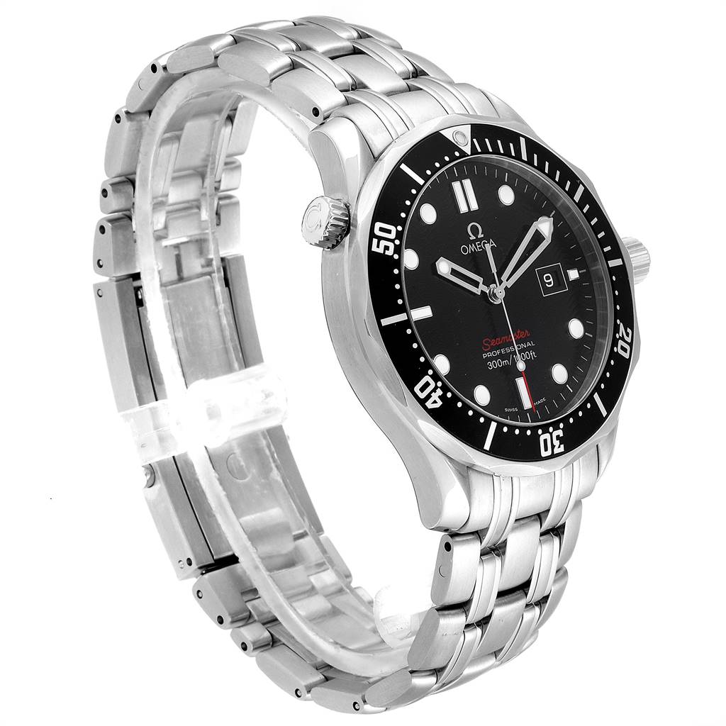 The image shows the Omega Seamaster 212.30.41.61.01.001 Men
s Stainless Steel Black Dial 212.30.41.61.01.001 Men
s Stainless Steel Black Dial watch at an angled view, displaying its face, bezel, crown, and metal bracelet.